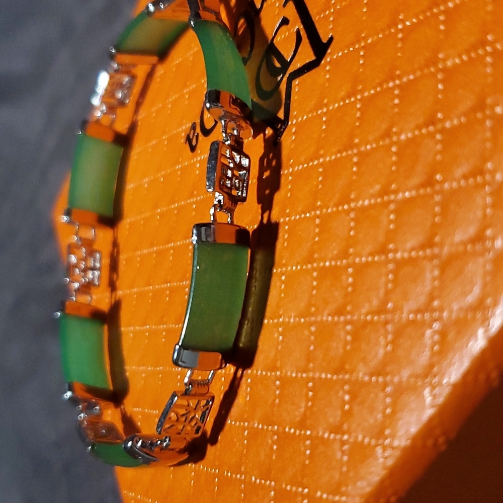 Vintage Sterling Silver Link Chinese Characters with Green Jade Bracelet